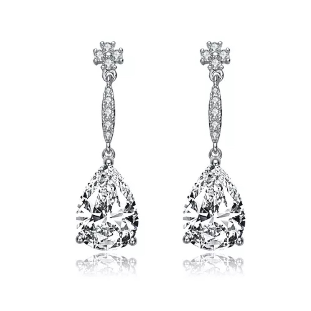 Genevive - Sterling Silver with Rhodium Plated - Cubic Zirconia Drop Earrings